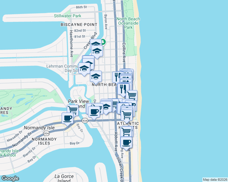 map of restaurants, bars, coffee shops, grocery stores, and more near 7400 Harding Avenue in Miami Beach