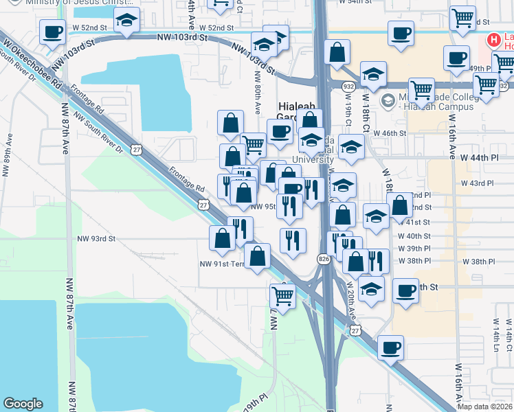 map of restaurants, bars, coffee shops, grocery stores, and more near 9501 Northwest 95th Street in Hialeah Gardens