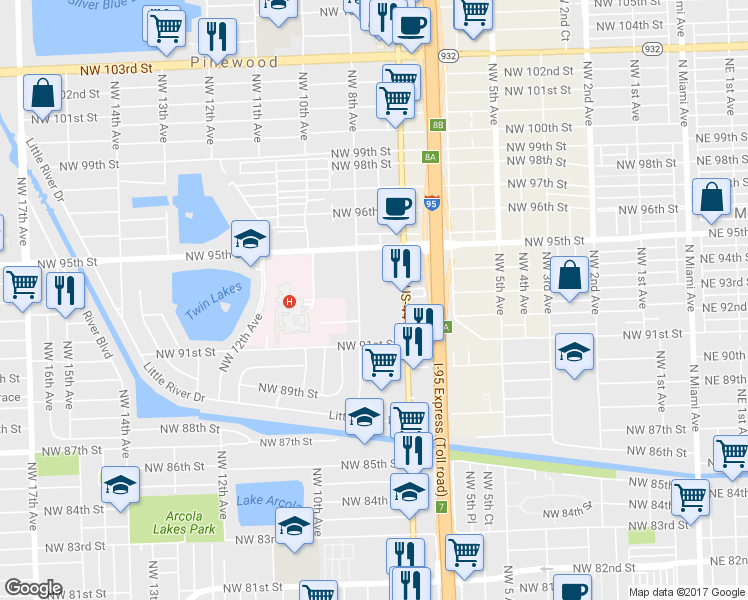 map of restaurants, bars, coffee shops, grocery stores, and more near 9241 Northwest 8th Avenue in Miami