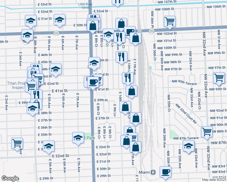 map of restaurants, bars, coffee shops, grocery stores, and more near 930 East 41st Street in Hialeah