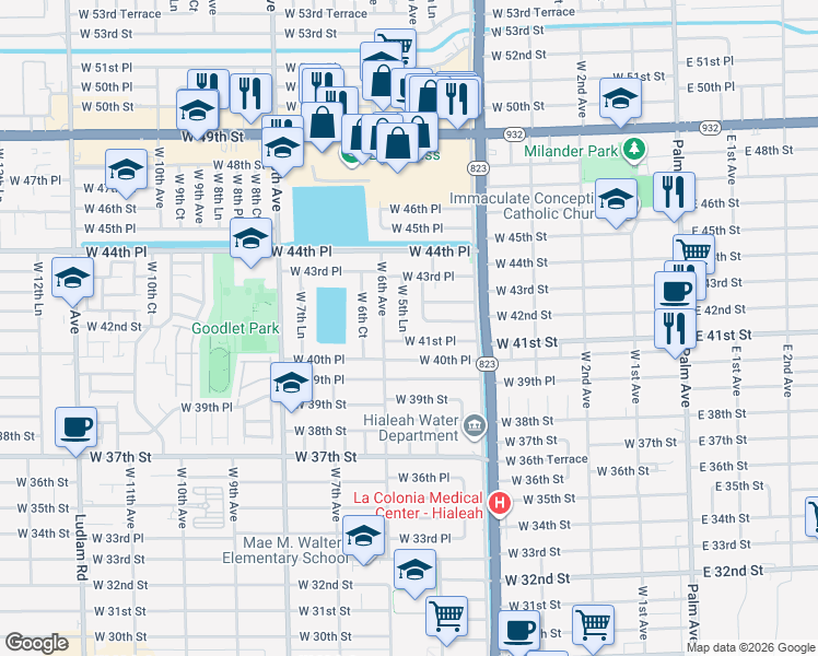 map of restaurants, bars, coffee shops, grocery stores, and more near 4195 West 5th Lane in Hialeah