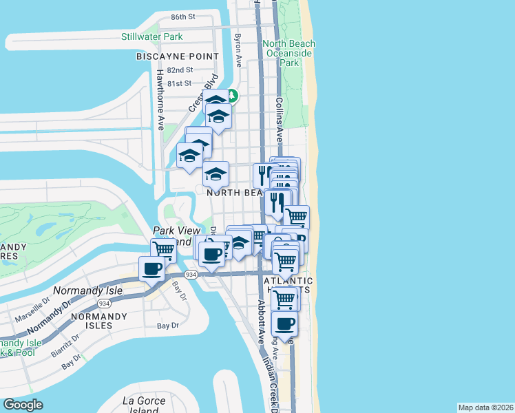 map of restaurants, bars, coffee shops, grocery stores, and more near 7418 Harding Avenue in Miami Beach