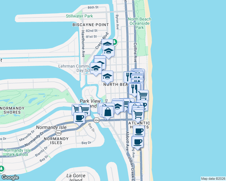 map of restaurants, bars, coffee shops, grocery stores, and more near in Miami Beach