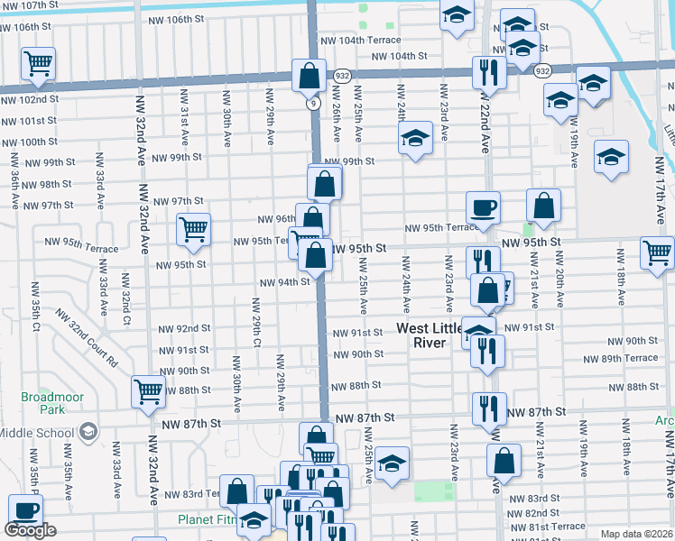map of restaurants, bars, coffee shops, grocery stores, and more near 9435 Northwest 26th Avenue in Miami