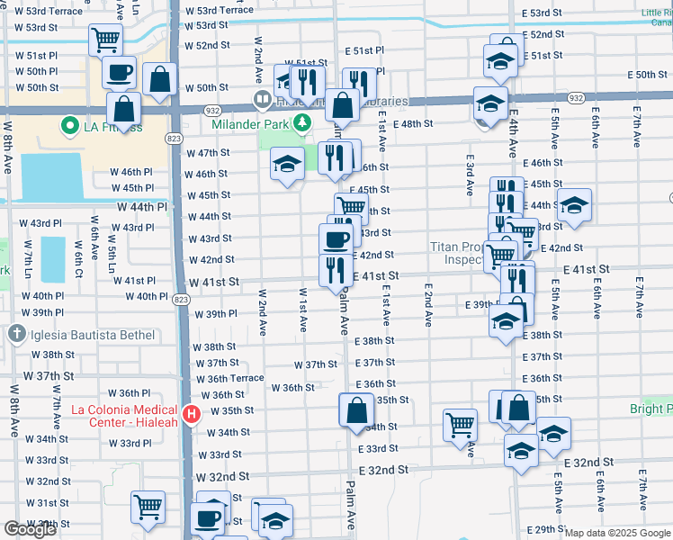 map of restaurants, bars, coffee shops, grocery stores, and more near 4140 Palm Avenue in Hialeah
