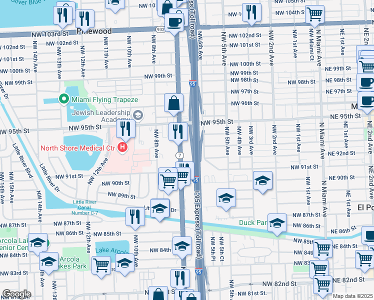 map of restaurants, bars, coffee shops, grocery stores, and more near 9401 Northwest 7th Avenue in Miami