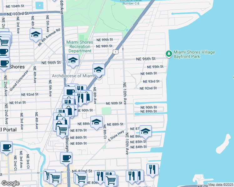 map of restaurants, bars, coffee shops, grocery stores, and more near 941 Northeast 91st Terrace in Miami Shores
