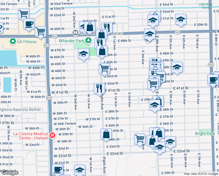 map of restaurants, bars, coffee shops, grocery stores, and more near 51 East 41st Street in Hialeah
