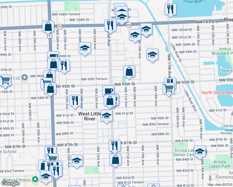 map of restaurants, bars, coffee shops, grocery stores, and more near 2150 Northwest 94th Street in Miami