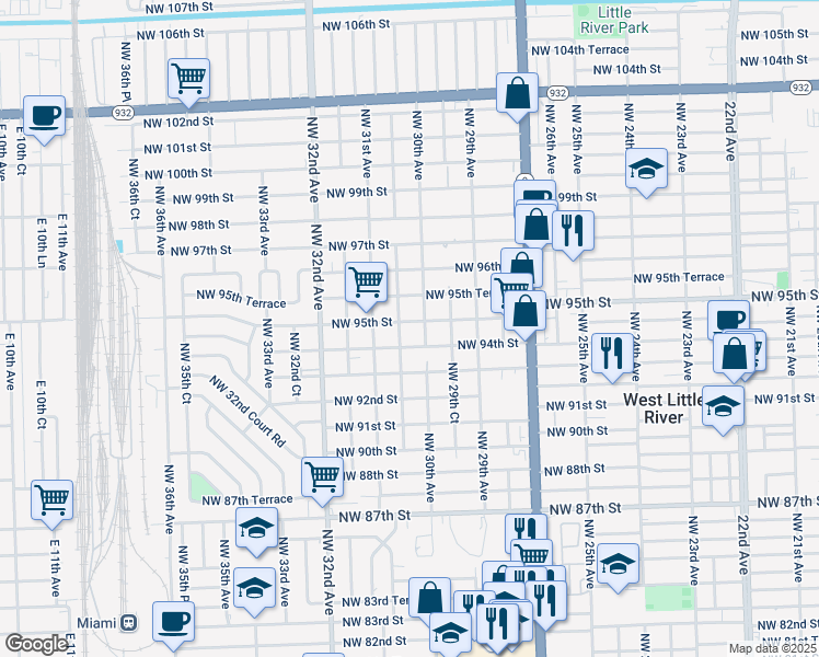 map of restaurants, bars, coffee shops, grocery stores, and more near 3028 Northwest 95th Street in Miami