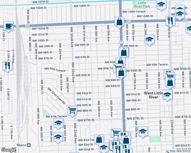 map of restaurants, bars, coffee shops, grocery stores, and more near 3028 Northwest 95th Street in Miami