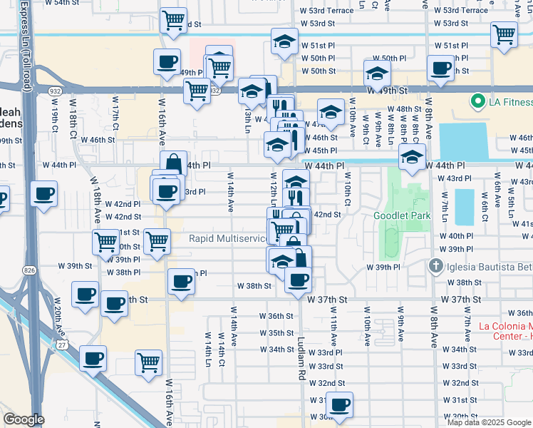 map of restaurants, bars, coffee shops, grocery stores, and more near 1281 West 42nd Street in Hialeah