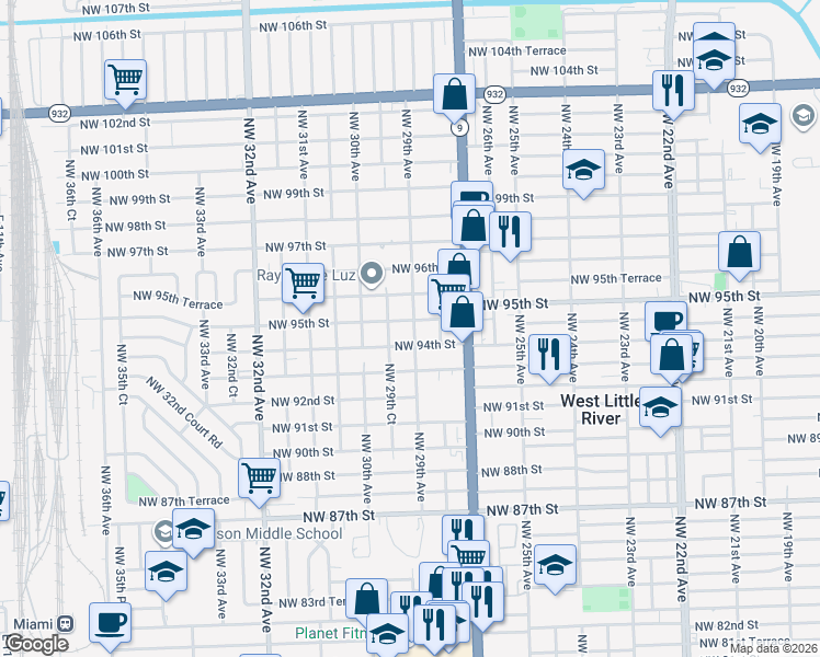 map of restaurants, bars, coffee shops, grocery stores, and more near 2840 Northwest 95th Street in Miami