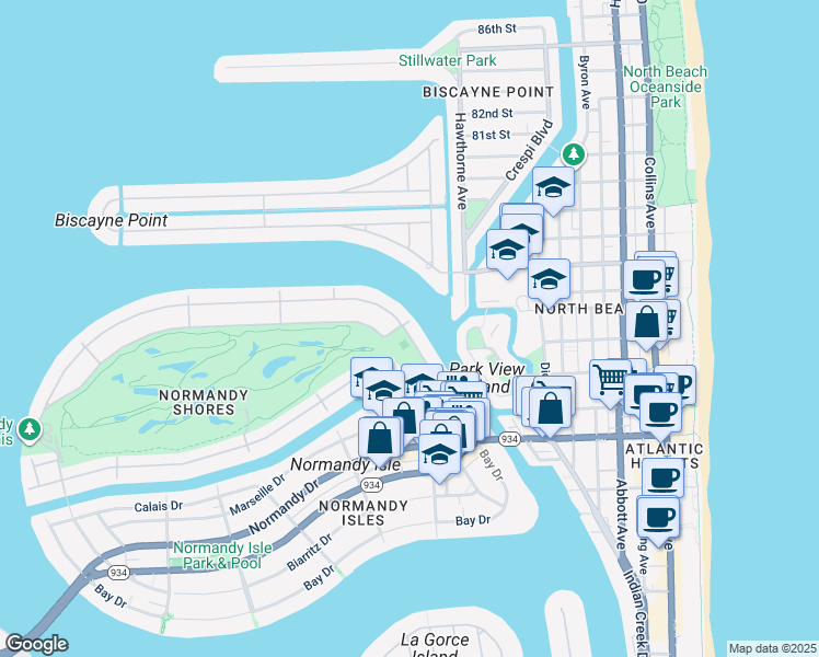 map of restaurants, bars, coffee shops, grocery stores, and more near 193 North Shore Drive in Miami Beach