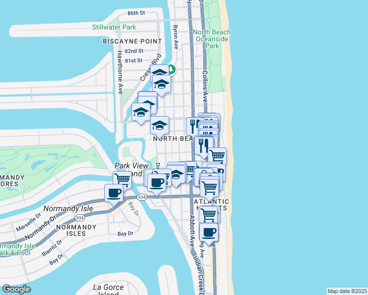 map of restaurants, bars, coffee shops, grocery stores, and more near 7415 Byron Avenue in Miami Beach
