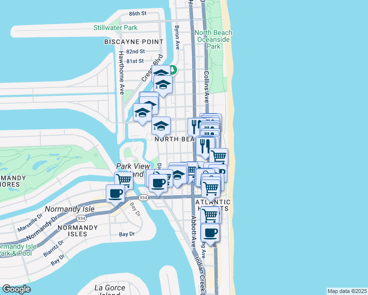 map of restaurants, bars, coffee shops, grocery stores, and more near 7418 Harding Avenue in Miami Beach