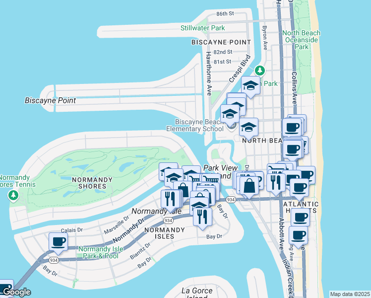 map of restaurants, bars, coffee shops, grocery stores, and more near 187 North Shore Drive in Miami Beach