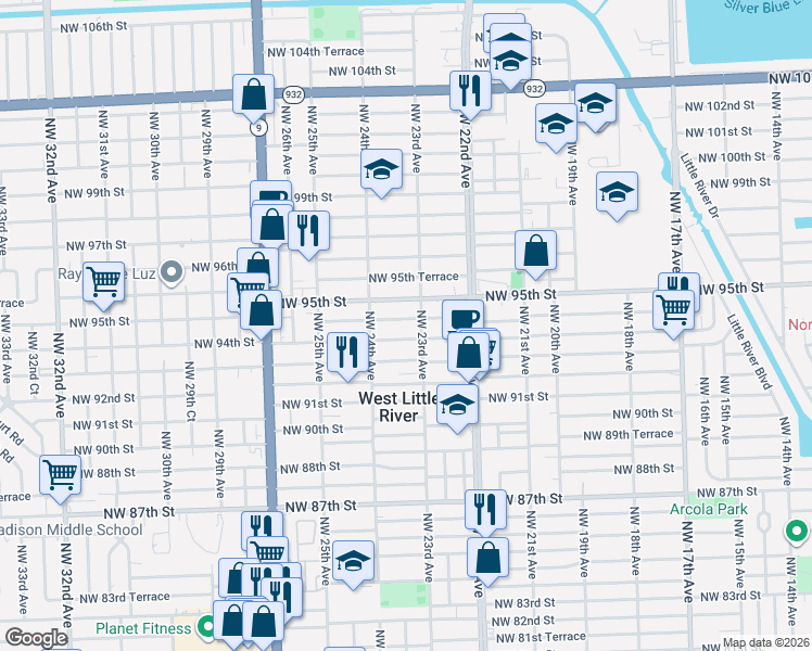 map of restaurants, bars, coffee shops, grocery stores, and more near 2318 Northwest 94th Street in Miami
