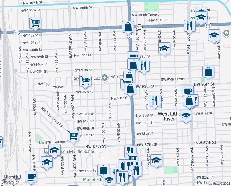 map of restaurants, bars, coffee shops, grocery stores, and more near 2840 Northwest 95th Street in Miami