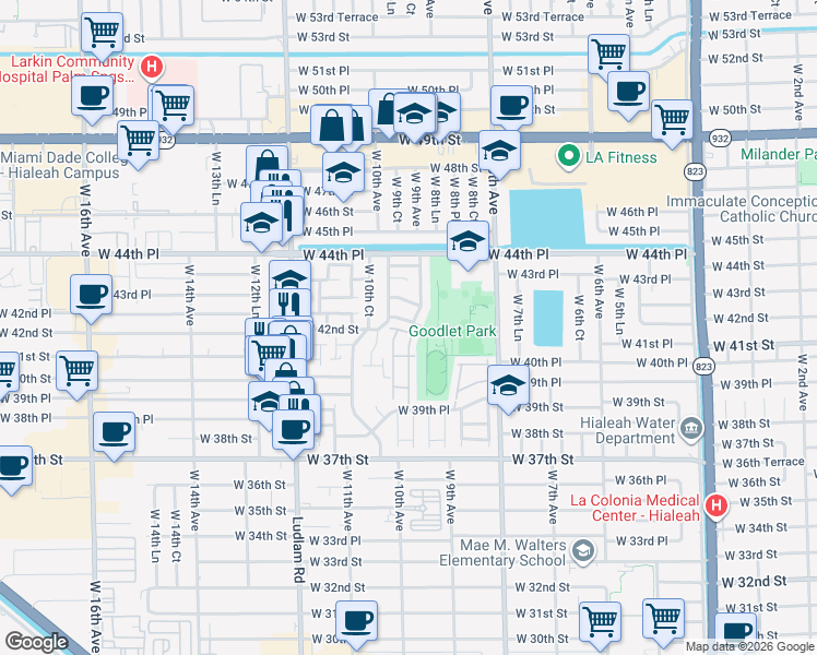 map of restaurants, bars, coffee shops, grocery stores, and more near 972 West 42nd Place in Hialeah