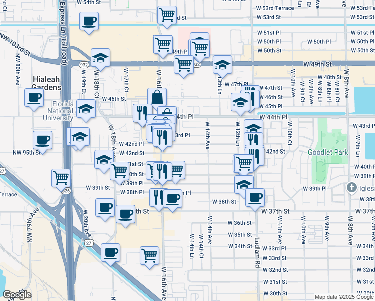 map of restaurants, bars, coffee shops, grocery stores, and more near 1501 West 42nd Street in Hialeah
