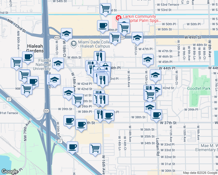 map of restaurants, bars, coffee shops, grocery stores, and more near 1501 West 42nd Street in Hialeah