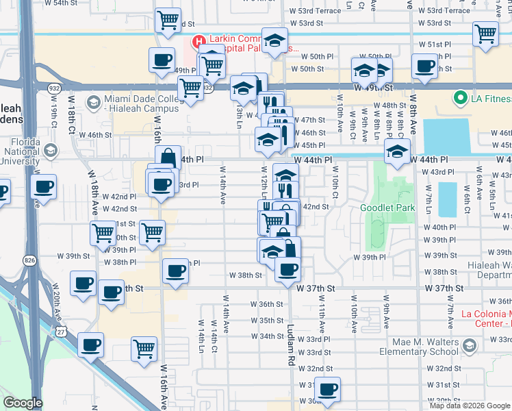 map of restaurants, bars, coffee shops, grocery stores, and more near 1281 West 42nd Street in Hialeah
