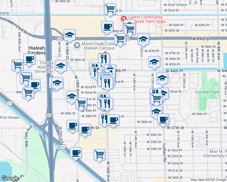 map of restaurants, bars, coffee shops, grocery stores, and more near 1501 West 42nd Street in Hialeah