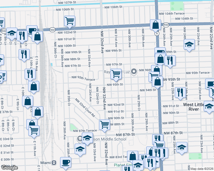 map of restaurants, bars, coffee shops, grocery stores, and more near 3178 Northwest 95th Street in Miami