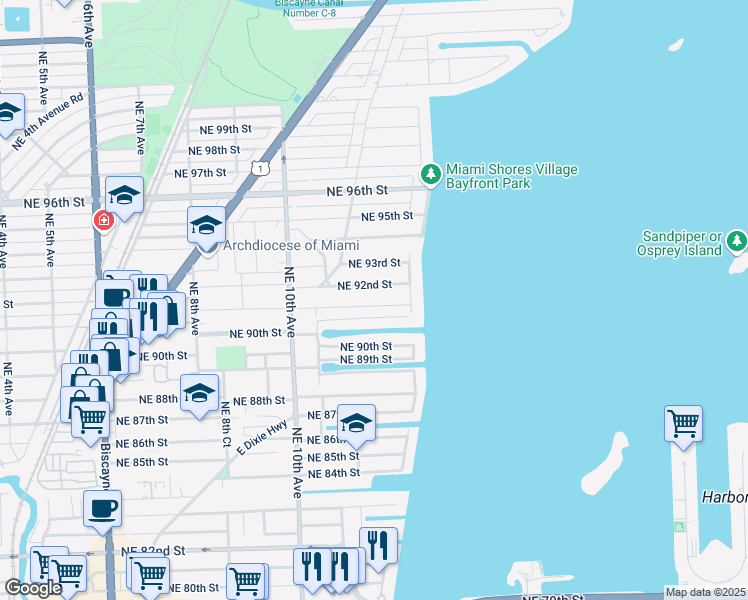 map of restaurants, bars, coffee shops, grocery stores, and more near 1183 Northeast 91st Terrace in Miami