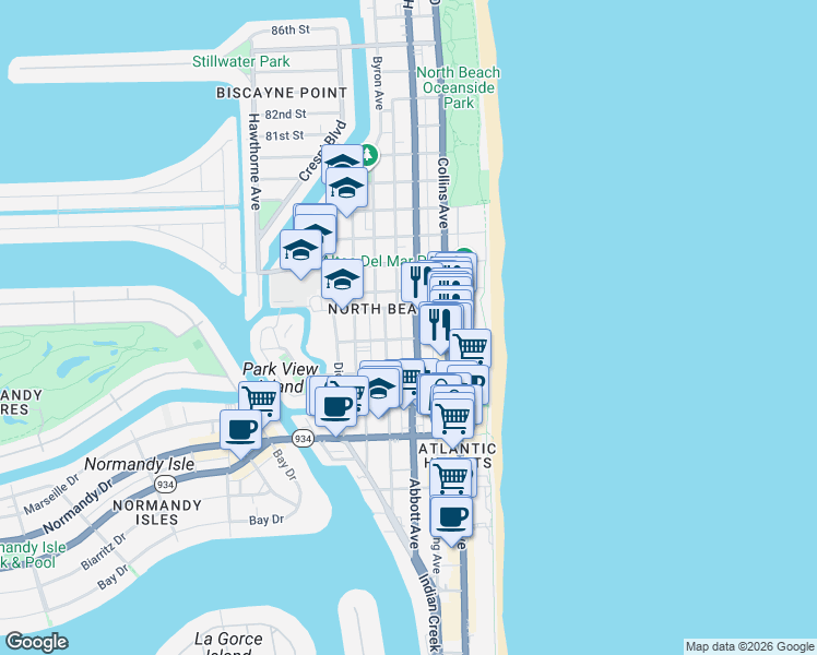 map of restaurants, bars, coffee shops, grocery stores, and more near 7418 Harding Avenue in Miami Beach