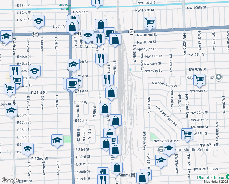 map of restaurants, bars, coffee shops, grocery stores, and more near 1100 East 41st Street in Hialeah