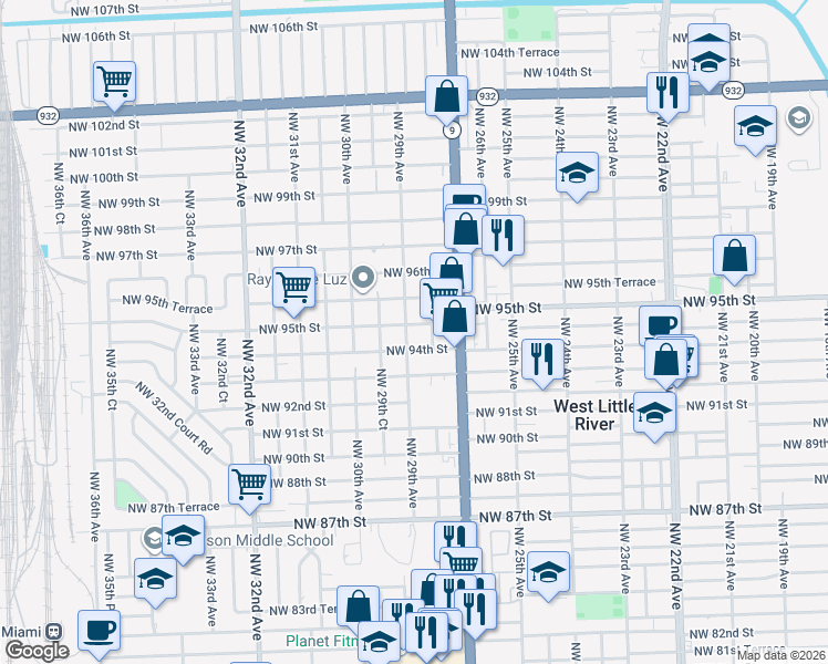 map of restaurants, bars, coffee shops, grocery stores, and more near 2840 Northwest 95th Street in Miami