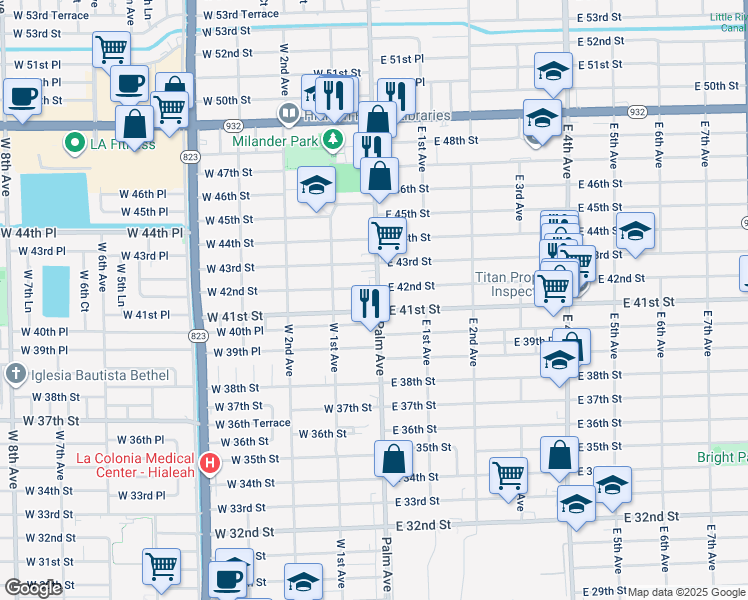 map of restaurants, bars, coffee shops, grocery stores, and more near 4140 Palm Avenue in Hialeah