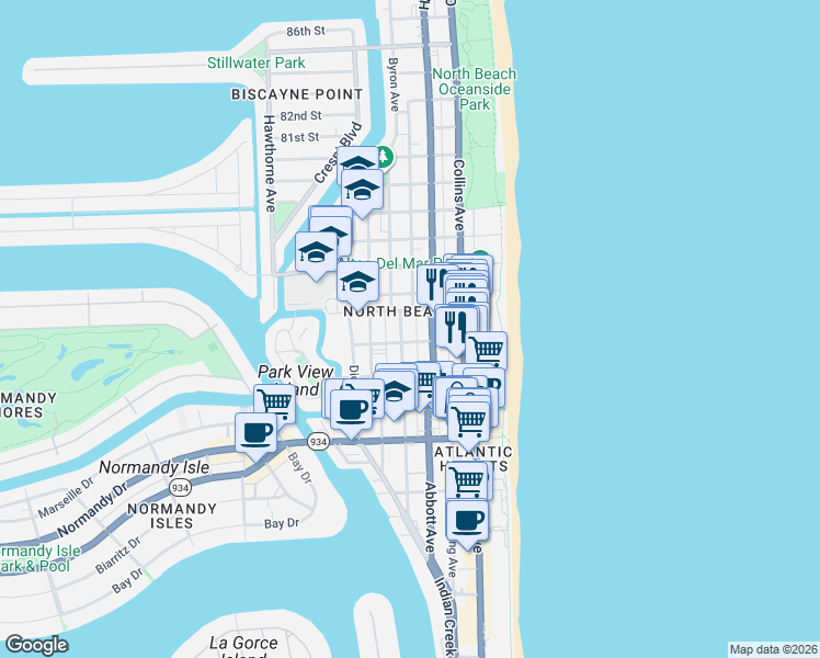 map of restaurants, bars, coffee shops, grocery stores, and more near 7418 Harding Avenue in Miami Beach