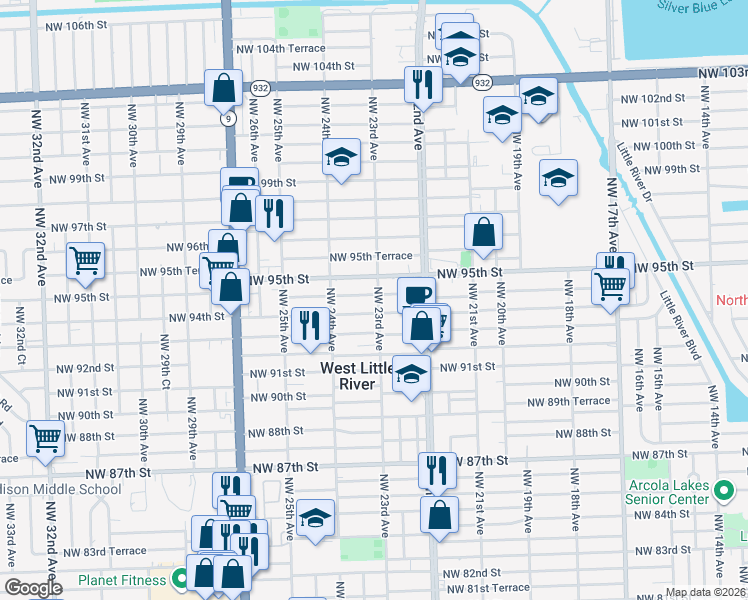 map of restaurants, bars, coffee shops, grocery stores, and more near 2318 Northwest 94th Street in Miami
