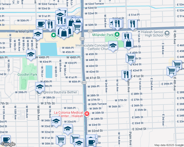 map of restaurants, bars, coffee shops, grocery stores, and more near 316 West 42nd Street in Hialeah
