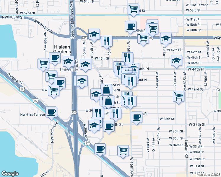 map of restaurants, bars, coffee shops, grocery stores, and more near 1743 West 42nd Street in Hialeah