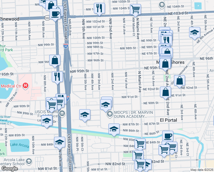 map of restaurants, bars, coffee shops, grocery stores, and more near 212 Northwest 93rd Street in Miami Shores