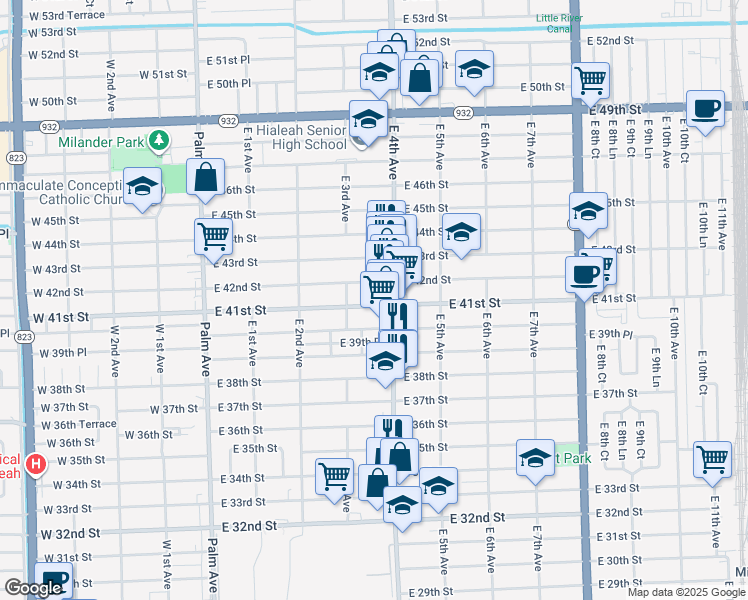 map of restaurants, bars, coffee shops, grocery stores, and more near 345 East 41st Street in Hialeah