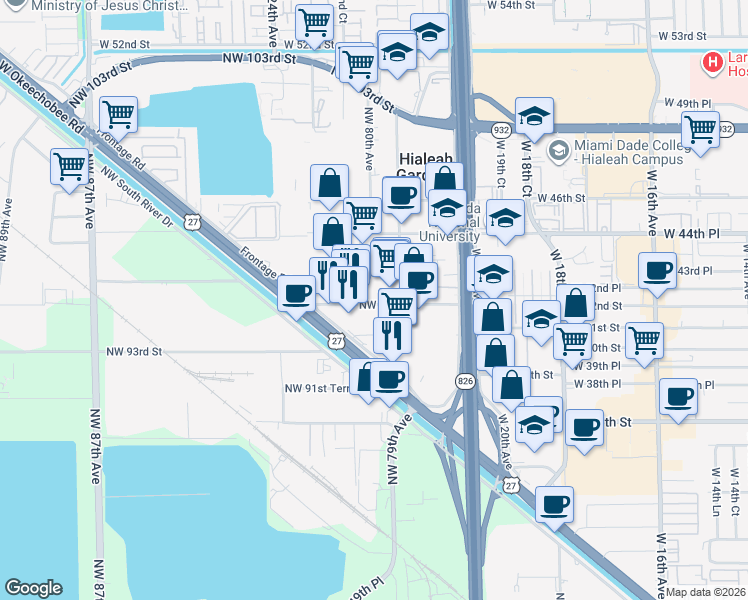 map of restaurants, bars, coffee shops, grocery stores, and more near 9501 Northwest 95th Street in Hialeah Gardens