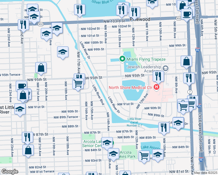 map of restaurants, bars, coffee shops, grocery stores, and more near 9325 Northwest 14th Avenue in Miami