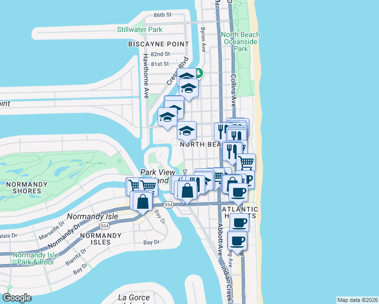 map of restaurants, bars, coffee shops, grocery stores, and more near 7430 Carlyle Avenue in Miami Beach