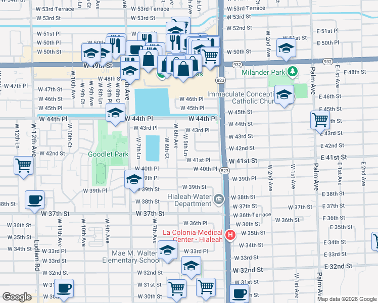 map of restaurants, bars, coffee shops, grocery stores, and more near 4195 West 5th Lane in Hialeah