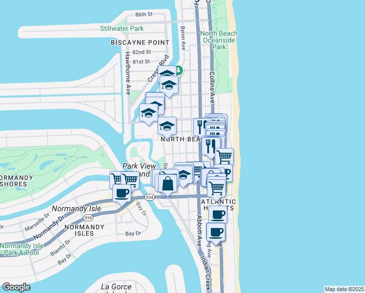 map of restaurants, bars, coffee shops, grocery stores, and more near in Miami Beach