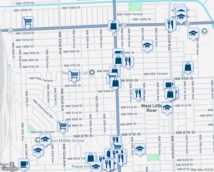 map of restaurants, bars, coffee shops, grocery stores, and more near 2840 Northwest 95th Street in Miami