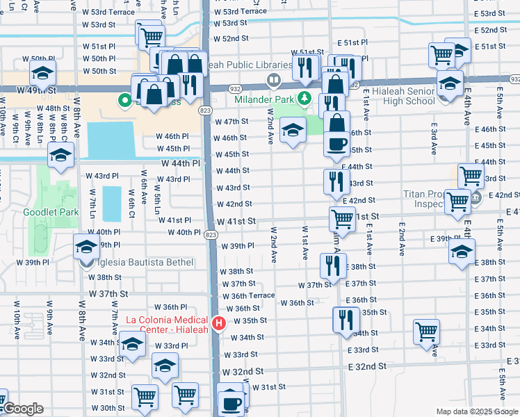 map of restaurants, bars, coffee shops, grocery stores, and more near 242 West 42nd Street in Hialeah