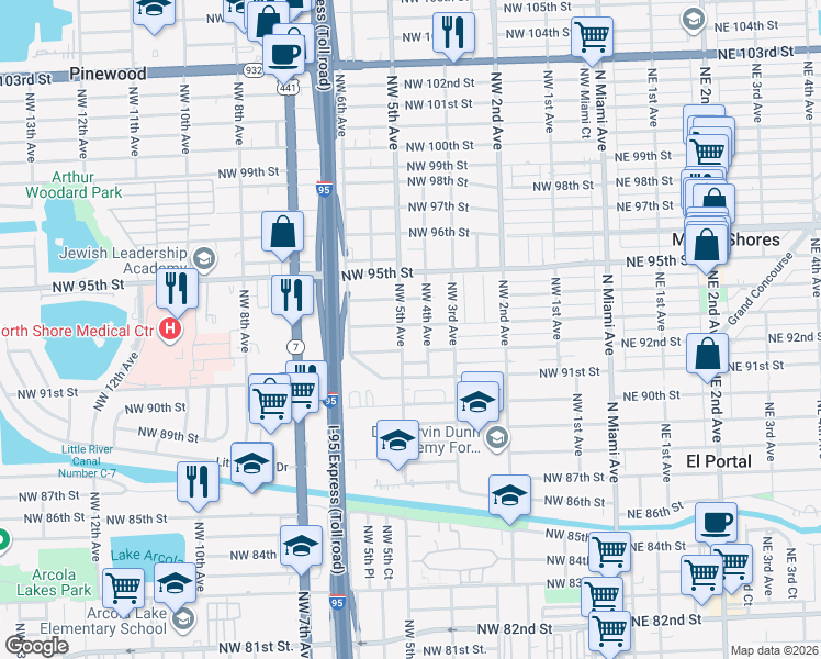 map of restaurants, bars, coffee shops, grocery stores, and more near 406 Northwest 93rd Street in Miami