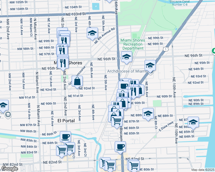 map of restaurants, bars, coffee shops, grocery stores, and more near 501 Northeast 92nd Street in Miami Shores