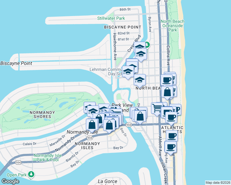 map of restaurants, bars, coffee shops, grocery stores, and more near 7446 Gary Avenue in Miami Beach
